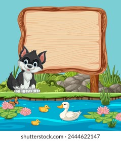 Cute cat with ducks near water and blank sign.