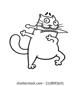 Cute cat dzhigit with a dagger dances in his teeth. Vector illustration. Angry cartoon pet character.