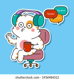 Cute cat in earphones learning languages vector cartoon character isolated on background.