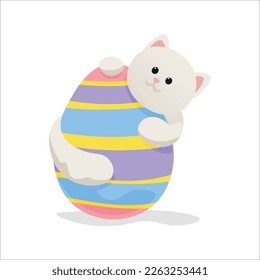 Cute cat with Easter egg on white background
