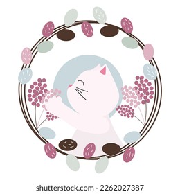 Cute cat with Easter wreath on white background