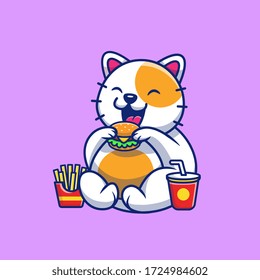 Cute Cat Eat Burger Vector Icon Illustration. Animal Food Icon Concept Isolated Premium Vector. Flat Cartoon Style 