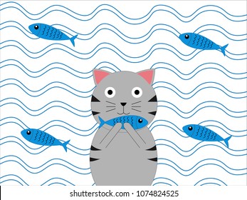 cute cat eat fish cartoon and water background,vector art and illustration,drawing comic art