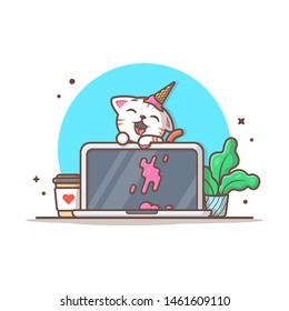 Cute Cat Eat Ice Cream on Laptop with Coffee and Plant Vector Illustration. Office Icon. Workdesk. Flat Cartoon Style Suitable for Web Landing Page, Banner, Flyer, Sticker, Wallpaper, Card, Background