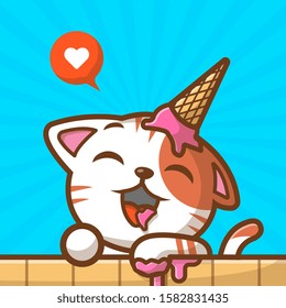 Cute Cat Eat Ice Cream With Love Vector Icon Illustration. Cat With Ice Cream On Head, Animal Logo Icon Concept White Isolated. Flat Cartoon Style Suitable for Web Landing Page, Banner, Sticker