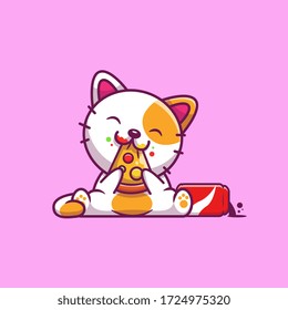Cute Cat Eat Pizza Vector Icon Illustration. Animal Food Icon Concept Isolated Premium Vector. Flat Cartoon Style 