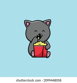 Cute Cat Eat Pop Corn Cartoon Vector Icon Illustration. Animal Food Icon Concept Isolated Premium Vector. Flat Cartoon Style