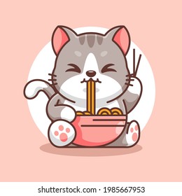 Cute cat eat ramen noodle cartoon