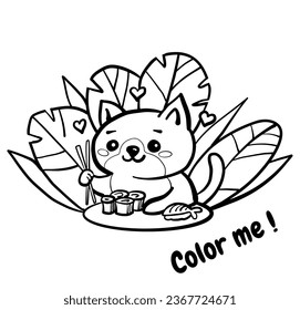 Cute cat eat sushi, rolls. Cartoons in kawaii style. Coloring book anti-stress.