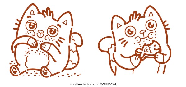 Cute Cat: eater, ate too much, gourmand, loves to eat, with big belly and crumbs and eating food, chew, hungry emotion, holding cookie. Character as mascot, sticker, emoji in outline hand drawn style