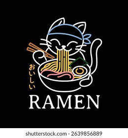 A CUTE CAT IS EATING A BOWL OF RAMEN NOODLE LINE ART LOGO