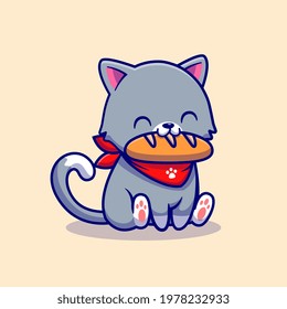 Cute Cat Eating Bread Cartoon Vector Icon Illustration. Animal Food Icon Concept Isolated Premium Vector. Flat Cartoon Style