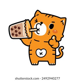 Cute Cat Eating Bubble Milk Tea to Thumb Up Gesture. Kawaii Cartoon Style.