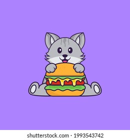 Cute cat eating burger. Animal cartoon concept isolated. Can used for t-shirt, greeting card, invitation card or mascot.