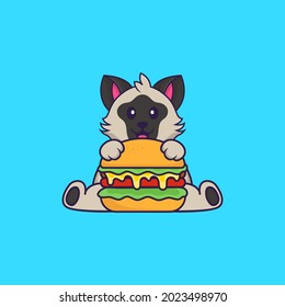 Cute cat eating burger. Animal cartoon concept isolated. Can used for t-shirt, greeting card, invitation card or mascot.