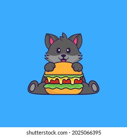 Cute cat eating burger. Animal cartoon concept isolated. Can used for t-shirt, greeting card, invitation card or mascot.