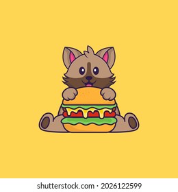 Cute cat eating burger. Animal cartoon concept isolated. Can used for t-shirt, greeting card, invitation card or mascot.