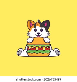 Cute cat eating burger. Animal cartoon concept isolated. Can used for t-shirt, greeting card, invitation card or mascot.