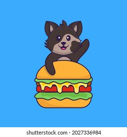 Cute cat eating burger. Animal cartoon concept isolated. Can used for t-shirt, greeting card, invitation card or mascot.