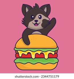 Cute cat eating burger. Animal cartoon concept isolated. Can used for t-shirt, greeting card, invitation card or mascot