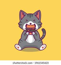 Cute cat eating burger cartoon illustration The Concept of Isolated Technology. Flat Cartoon Style Suitable for Landing Web Pages, Banners, Flyers, Stickers, Cards