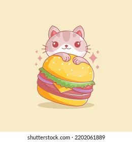 Cute cat eating burgers cartoon