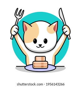 Cute Cat Eating Cake Cartoon Illustration