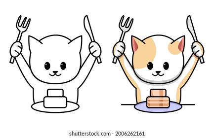 Cute Cat Eating Cake Coloring Page For Kids