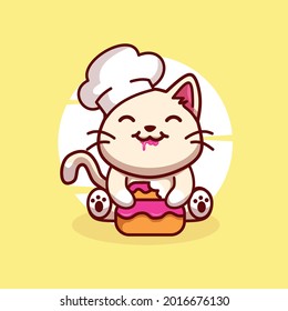 Cute Cat Eating Cake Illustration Mascot Character Vector Icon. The Cat Who Is Eating The Cake Is Ravenous And Happy. Flat Cartoon Concept