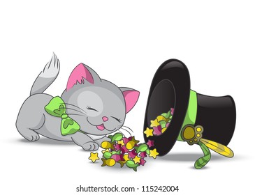 Cute cat eating candies from magic hat