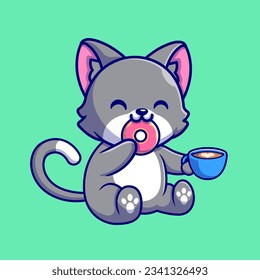 Cute Cat Eating Donut With Coffee Cartoon Vector Icon Illustration. Animal Food Icon Concept Isolated Premium Vector. Flat Cartoon Style