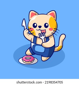 Cute Cat Eating Donuts With Fork and Spoon Cartoon Vector Icon Illustration. Animal Food Icon Concept Isolated Premium Vector. Flat Cartoon Style