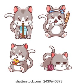 Cute cat eating and drinking, cartoon style set