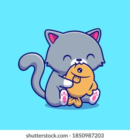 Cute Cat Eating Fish Cartoon Vector Icon Illustration. Animal Nature Concept Isolated Premium Vector. Flat Cartoon Style