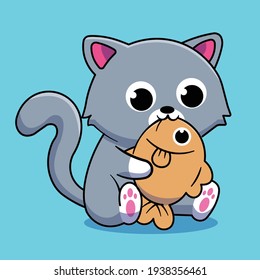 cute cat eating fish cartoon