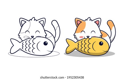 Cute cat eating fish cartoon coloring pages for kids