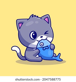 Cute Cat Eating Fish Cartoon Vector Icon Illustration. Animal Food Icon Concept Isolated Premium Vector. Flat Cartoon Style