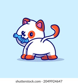 Cute Cat Eating Fish Cartoon Vector Icon Illustration. Animal Food Icon Concept Isolated Premium Vector. Flat Cartoon Style