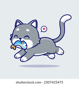 Cute Cat Eating Fish Cartoon Vector Icon Illustration. Animal Food Icon Concept Isolated Premium Vector. Flat Cartoon Style