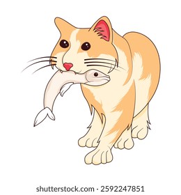 Cute cat is eating fish cartoon illustration