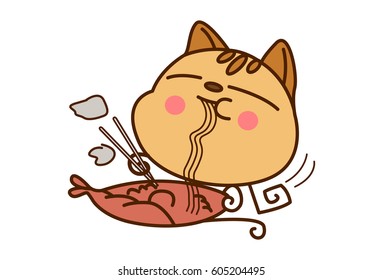 Cute Cat eating Fish. vector illustration. Isolated don white background.