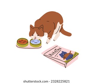 Cute cat eating food, drinking water from bowls. Hungry adorable kitty and healthy feline feed, nutrition. Happy home animal, pet with snacks. Flat vector illustration isolated on white background