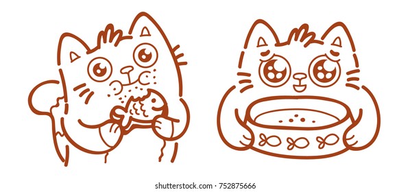 Cute Cat: eating food, meal, chew, hungry, starving and pitifully ask for food holding bowl. Character in outline hand drawn style, doodle cartoon illustration. As mascot, sticker, emoji, emoticon