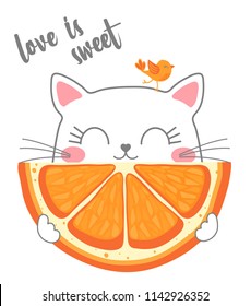 cute cat eating fruit vector illustration, T-shirt graphics design for kids.