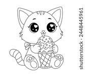 Cute Cat Eating Ice Cream. Kitty Coloring Page. Rainbow Kitten Loves Ice-Cream Cartoon Vector Illustration
