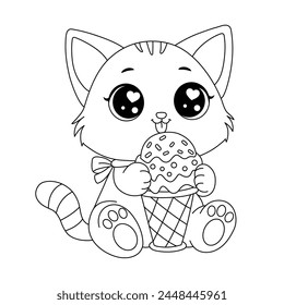 Cute Cat Eating Ice Cream. Kitty Coloring Page. Rainbow Kitten Loves Ice-Cream Cartoon Vector Illustration