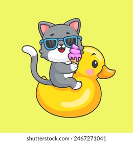 Cute Cat Eating Ice Cream On Duck Balloon Cartoon Vector Icon Illustration. Animal Food Icon Concept Isolated Premium Vector. Flat Cartoon Style