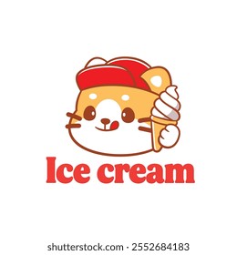 Cute cat eating ice cream cone logo for ice cream store logo