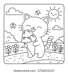 Cute Cat Eating Ice Cream Outdoors – Kawaii Kids Coloring Page