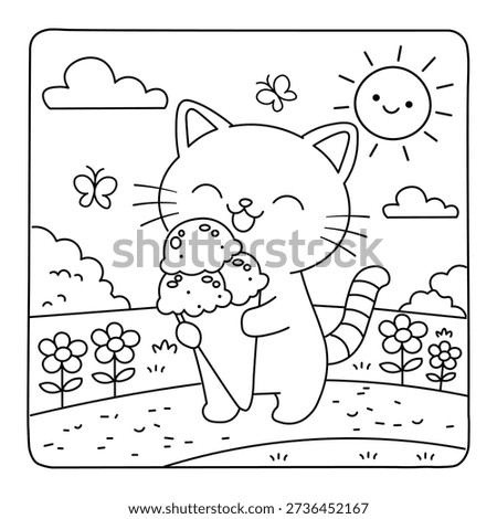 Cute Cat Eating Ice Cream Outdoors – Kawaii Kids Coloring Page
